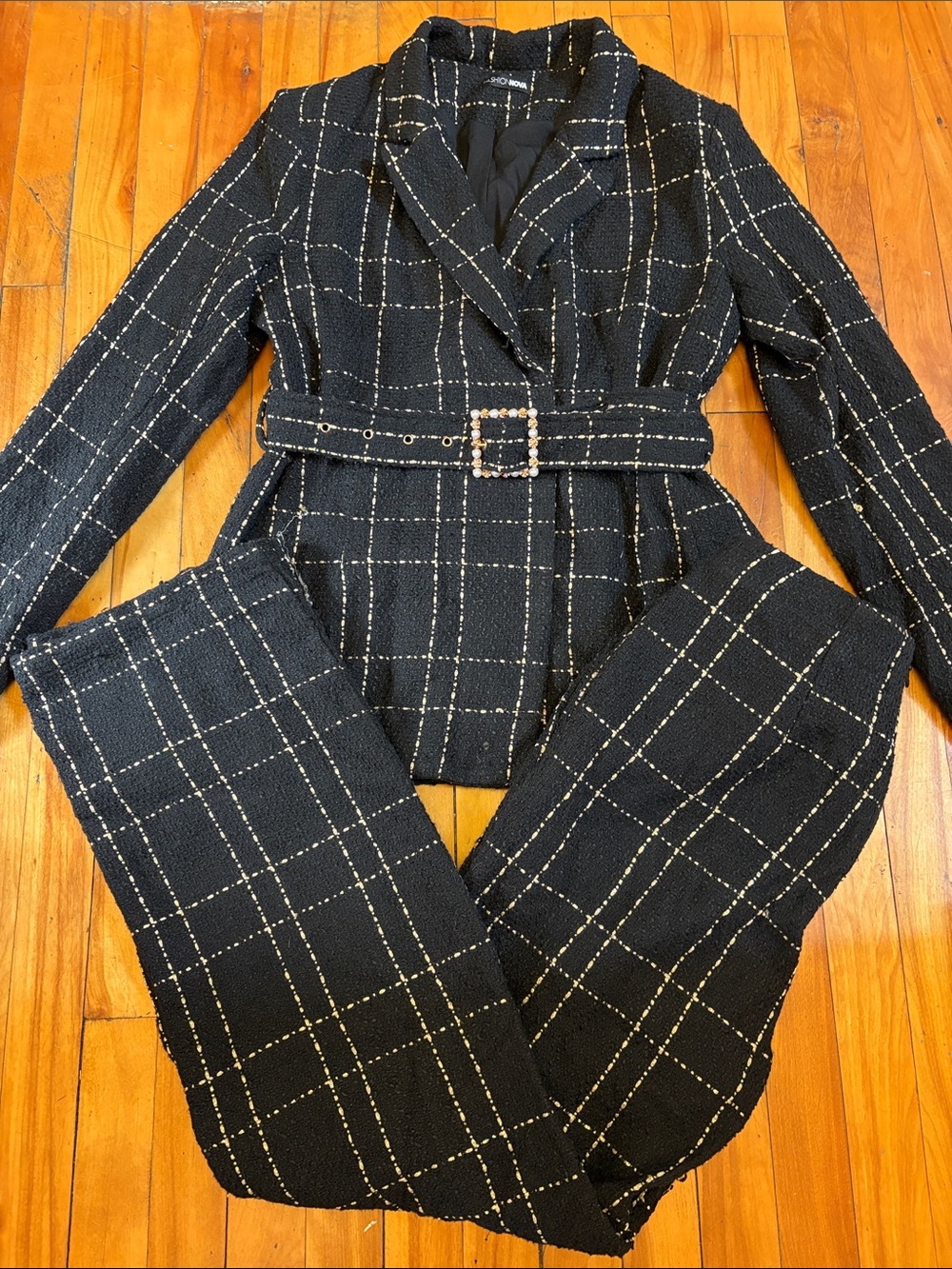 Fashion Nova Black Windowpane Tweed Blazer & Pants Set